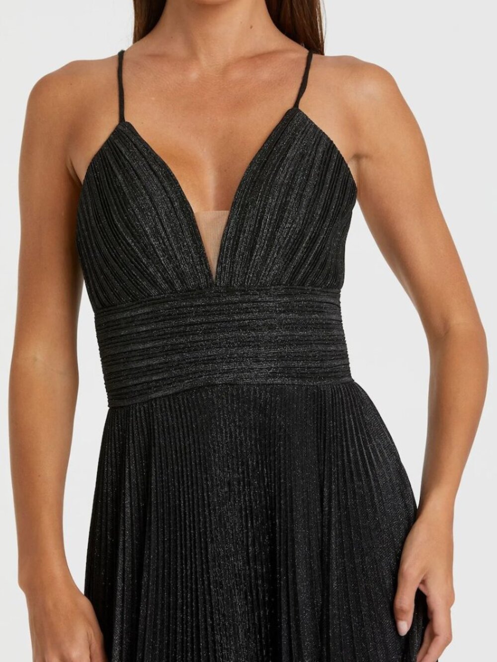Mac Duggal Black Shimmer Pleated V-Neck Gown Dress - Picture 3 of 8